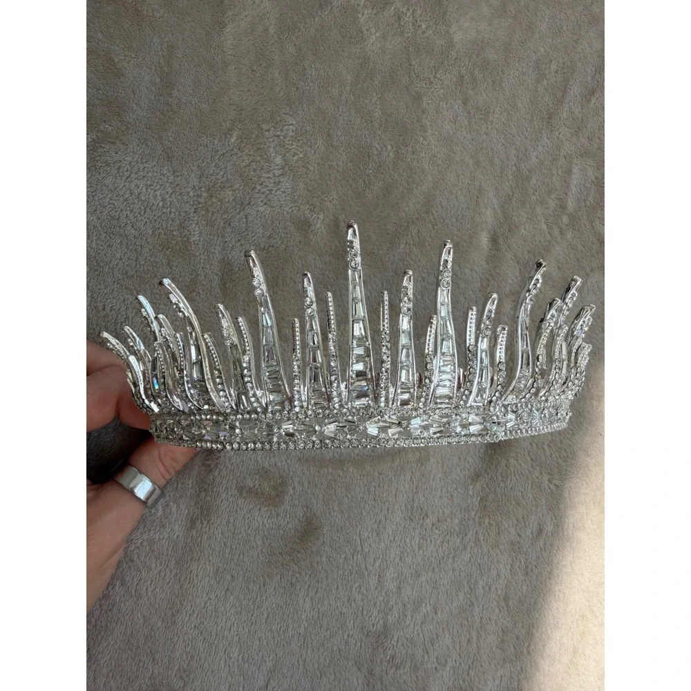 Silver Spiked Rhinestone Tiara Crown Baguette Crystal Bridal Pageant Headpiece